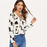 mohamed-imourig - SHEIN White V-neck Geometric Print Top Casual Blouse 2019 Spring Summer Women Long Sleeve Workwear Tops and Blouses - mohamed imourig - 