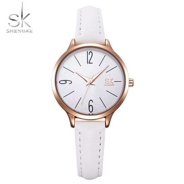 mohamed-imourig - Shengke Fashion Female's Watches White Leather Girl Wristwatches Simple Women Quartz Clock Comfortable Buckle Round Case Hour - mohamed imourig - 