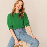 mohamed-imourig - SHEIN Ladies Casual Green Puff Sleeve Keyhole Back Solid Top And Blouse Women 2019 Summer Workwear Half Sleeve Elegant Blouses - mohamed imourig - 