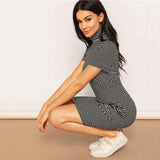 mohamed-imourig - SHEIN Spring High Neck Black and White Striped Mini Pencil Dress Women Casual Fitted Stretchy Short Sleeve T Shirt Dress - mohamed imourig - 