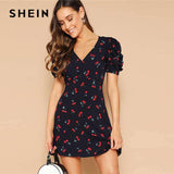 mohamed-imourig - SHEIN Navy Cherry Print Knot Open Back V Neck Sexy Summer Dress Women Short Puff Sleeve Fit and Flare Bohemian Mini Dresses - mohamed imourig - 