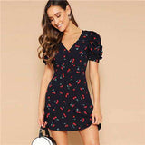 mohamed-imourig - SHEIN Navy Cherry Print Knot Open Back V Neck Sexy Summer Dress Women Short Puff Sleeve Fit and Flare Bohemian Mini Dresses - mohamed imourig - 