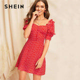mohamed-imourig - SHEIN Lady Red Sweetheart Square Neck Ruffle Trim Polka Dot Dress Summer Casual High Waist Puff Sleeve A Line Mini Dress - mohamed imourig - 