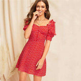 mohamed-imourig - SHEIN Lady Red Sweetheart Square Neck Ruffle Trim Polka Dot Dress Summer Casual High Waist Puff Sleeve A Line Mini Dress - mohamed imourig - 