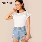 mohamed-imourig - SHEIN White Guipure Lace Yoke Roll Up Sleeve Tunic Top Hollow out Blouse Women Summer Elegant Office Lady Workwear Top Blouses - mohamed imourig - 
