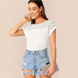 mohamed-imourig - SHEIN White Guipure Lace Yoke Roll Up Sleeve Tunic Top Hollow out Blouse Women Summer Elegant Office Lady Workwear Top Blouses - mohamed imourig - 