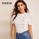 mohamed-imourig - SHEIN Mock-Neck Puff Sleeve Button Front White Blouse Ladies Tops Summer Elegant Slim Fit Solid Short Sleeve Blouse Top - mohamed imourig - 