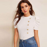 mohamed-imourig - SHEIN Mock-Neck Puff Sleeve Button Front White Blouse Ladies Tops Summer Elegant Slim Fit Solid Short Sleeve Blouse Top - mohamed imourig - 