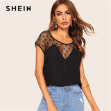 mohamed-imourig - SHEIN Sexy Black Polka Dot Mesh Insert Sheer Top Blouse Women Summer 2019 O-Neck Cap Sleeve Casual High Street Tops and Blouses - mohamed imourig - 