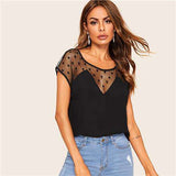 mohamed-imourig - SHEIN Sexy Black Polka Dot Mesh Insert Sheer Top Blouse Women Summer 2019 O-Neck Cap Sleeve Casual High Street Tops and Blouses - mohamed imourig - 