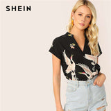 mohamed-imourig - SHEIN V-Cut Neck Floral Animal Flamingo Print Asymmetrical Hem Blouse Fashion Style Women Black Cap Sleeve Summer Tops - mohamed imourig - 