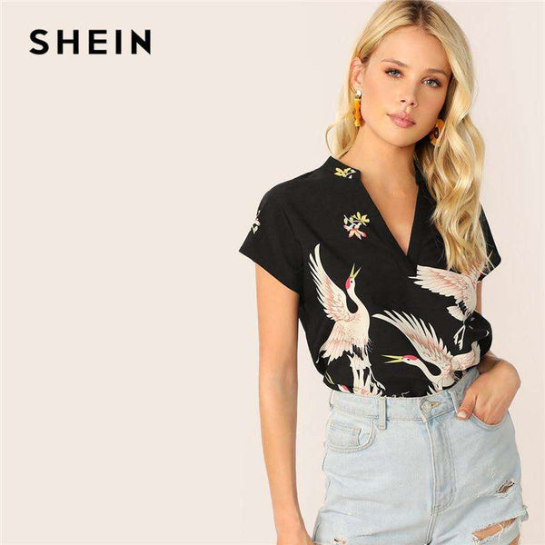 mohamed-imourig - SHEIN V-Cut Neck Floral Animal Flamingo Print Asymmetrical Hem Blouse Fashion Style Women Black Cap Sleeve Summer Tops - mohamed imourig - 