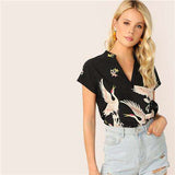 mohamed-imourig - SHEIN V-Cut Neck Floral Animal Flamingo Print Asymmetrical Hem Blouse Fashion Style Women Black Cap Sleeve Summer Tops - mohamed imourig - 
