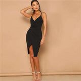 mohamed-imourig - SHEIN Sexy Black Overlap Split Front Backless Bodycon Summer Midi Cami Dress Women Straps V Neck Wrap Sheath Club Slim Dresses - mohamed imourig - 