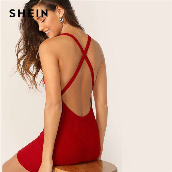 mohamed-imourig - SHEIN Sexy Red Crisscross Backless Rib-knit Bodycon Summer Dress Women Spaghetti Strap Sleeveless High Street Slip Mini Dresses - mohamed imourig - 