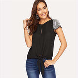 mohamed-imourig - SHEIN Sequin Sleeve Knot Hem Blouse Casual Solid Split Cap Sleeve Round Neck Blouse 2019 Summer Women Tops and Blouses - mohamed imourig - 
