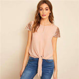 mohamed-imourig - SHEIN Sequin Sleeve Knot Hem Blouse Casual Solid Split Cap Sleeve Round Neck Blouse 2019 Summer Women Tops and Blouses - mohamed imourig - 