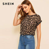 mohamed-imourig - SHEIN Round Neck Leopard Blouse 2019 Women Clothes Summer Cap Sleeve Round Neck Tops And Blouses - mohamed imourig - 