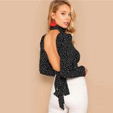 mohamed-imourig - SHEIN Sexy Bow Knot Open Back Polka Dot Print Crop Blouse Women Spring High Neck Backless Short Bloues Ladies Tops - mohamed imourig - 