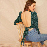 mohamed-imourig - SHEIN Sexy Bow Knot Open Back Polka Dot Print Crop Blouse Women Spring High Neck Backless Short Bloues Ladies Tops - mohamed imourig - 