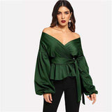 mohamed-imourig - SHEIN White Office Lady Elegant Lantern Sleeve Surplice Peplum Off the Shoulder Solid Blouse Autumn Sexy Women Tops And Blouses - mohamed imourig - 