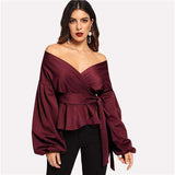 mohamed-imourig - SHEIN White Office Lady Elegant Lantern Sleeve Surplice Peplum Off the Shoulder Solid Blouse Autumn Sexy Women Tops And Blouses - mohamed imourig - 