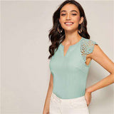 mohamed-imourig - SHEIN Notched Neck Guipure Lace Cap Sleeve Blouse OL Summer V Neck Solid Raglan Sleeve Casual Womens Tops And Blouses - mohamed imourig - 