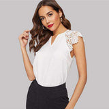 mohamed-imourig - SHEIN Notched Neck Guipure Lace Cap Sleeve Blouse OL Summer V Neck Solid Raglan Sleeve Casual Womens Tops And Blouses - mohamed imourig - 