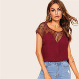 mohamed-imourig - SHEIN Sexy Black Polka Dot Mesh Insert Sheer Top Blouse Women Summer 2019 O-Neck Cap Sleeve Casual High Street Tops and Blouses - mohamed imourig - 