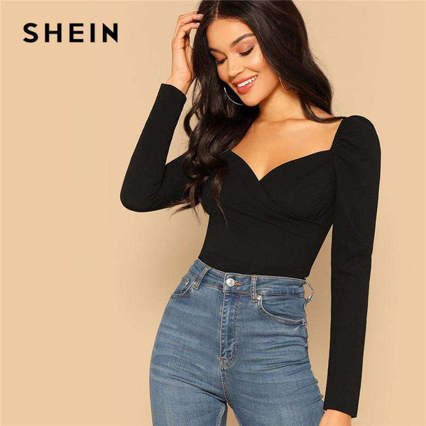 mohamed-imourig - SHEIN Sexy Zip Back Puff Sleeve Slim Fitted Wrap Sweetheart Neck Blouse Women Solid Top Spring Club High Street Blouses - mohamed imourig - 