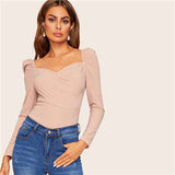 mohamed-imourig - SHEIN Sexy Zip Back Puff Sleeve Slim Fitted Wrap Sweetheart Neck Blouse Women Solid Top Spring Club High Street Blouses - mohamed imourig - 