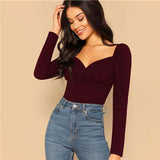 mohamed-imourig - SHEIN Sexy Zip Back Puff Sleeve Slim Fitted Wrap Sweetheart Neck Blouse Women Solid Top Spring Club High Street Blouses - mohamed imourig - 