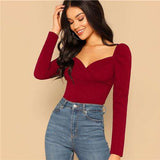 mohamed-imourig - SHEIN Sexy Zip Back Puff Sleeve Slim Fitted Wrap Sweetheart Neck Blouse Women Solid Top Spring Club High Street Blouses - mohamed imourig - 