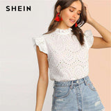 mohamed-imourig - SHEIN Mock-Neck Ruffle Trim Embroidery Eyelet Top Boho White Pink Solid Sleeveless Stand Collar Blouse Women Tops and Blouses - mohamed imourig - 