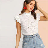 mohamed-imourig - SHEIN Mock-Neck Ruffle Trim Embroidery Eyelet Top Boho White Pink Solid Sleeveless Stand Collar Blouse Women Tops and Blouses - mohamed imourig - 