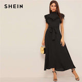 mohamed-imourig - SHEIN Layered Ruffle Detail Belted Fit And Flare Dress 2019 Stand Collar Sleeveless Black Solid Women Spring Autumn Dresses - mohamed imourig - 