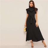 mohamed-imourig - SHEIN Layered Ruffle Detail Belted Fit And Flare Dress 2019 Stand Collar Sleeveless Black Solid Women Spring Autumn Dresses - mohamed imourig - 