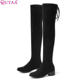 mohamed-imourig - QUTAA 2020 Women Winter Boots Fashion All Match Elastic Fabric Over The Knee High Shoes Square Mid Heel Women Boots Size 34-43 - mohamed imourig - 