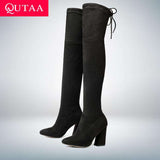 mohamed-imourig - QUTAA 2020 New Flock Leather Women Over The Knee Boots Lace Up Sexy High Heels Autumn Woman Shoes Winter Women Boots Size 34-43 - mohamed imourig - 