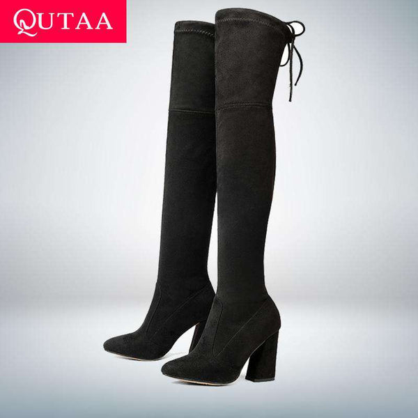 mohamed-imourig - QUTAA 2020 New Flock Leather Women Over The Knee Boots Lace Up Sexy High Heels Autumn Woman Shoes Winter Women Boots Size 34-43 - mohamed imourig - 