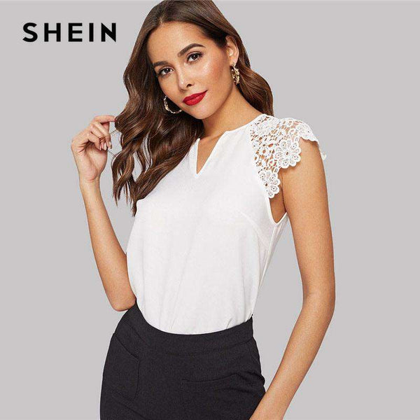 mohamed-imourig - SHEIN Notched Neck Guipure Lace Cap Sleeve Blouse OL Summer V Neck Solid Raglan Sleeve Casual Womens Tops And Blouses - mohamed imourig - 