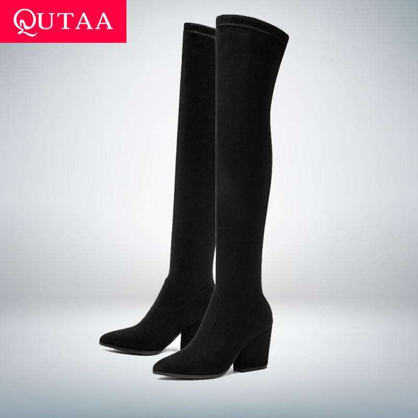 mohamed-imourig - QUTAA 2020 Women Over The Knee High Boots Hoof Heels Winter Shoes Pointed Toe Sexy Elastic Fabric  Women Boots Size 34-43 - mohamed imourig - 