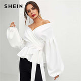 mohamed-imourig - SHEIN White Office Lady Elegant Lantern Sleeve Surplice Peplum Off the Shoulder Solid Blouse Autumn Sexy Women Tops And Blouses - mohamed imourig - 