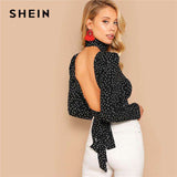 mohamed-imourig - SHEIN Sexy Bow Knot Open Back Polka Dot Print Crop Blouse Women Spring High Neck Backless Short Bloues Ladies Tops - mohamed imourig - 