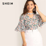 mohamed-imourig - SHEIN Plus Size V-Cut Choker Floral Print Butterfly Sleeve Top Blouse 2019 Women Summer Casual Keyhole Half Sleeve Blouses - mohamed imourig - 