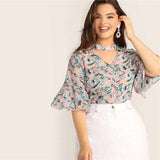 mohamed-imourig - SHEIN Plus Size V-Cut Choker Floral Print Butterfly Sleeve Top Blouse 2019 Women Summer Casual Keyhole Half Sleeve Blouses - mohamed imourig - 