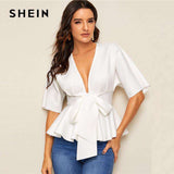 mohamed-imourig - SHEIN Plunge Neck Tie Waist Peplum Top White Solid Slim Fit Womens Tops and Blouses Sexy Deep V Neck Summer Short Sleeve Blouse - mohamed imourig - 