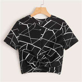 mohamed-imourig - SHEIN Twist Hem Cross Wrap Hem Geo Print Crop Top Women Summer Casual Slim Fit Blouse Short Sleeve Womens Tops and Blouses - mohamed imourig - 