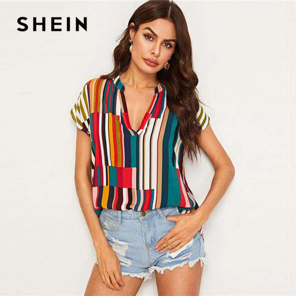 mohamed-imourig - SHEIN V Neck Colorblock Curved Hem Summer Blouse Womens Tops And Blouses Casual Striped Print Cap Sleeve Blouse Ladies Tops - mohamed imourig - 