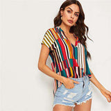 mohamed-imourig - SHEIN V Neck Colorblock Curved Hem Summer Blouse Womens Tops And Blouses Casual Striped Print Cap Sleeve Blouse Ladies Tops - mohamed imourig - 